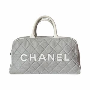 Chanel Sports Line Quilted Logo Bowler Bag Grey Canvas White Leather Trim